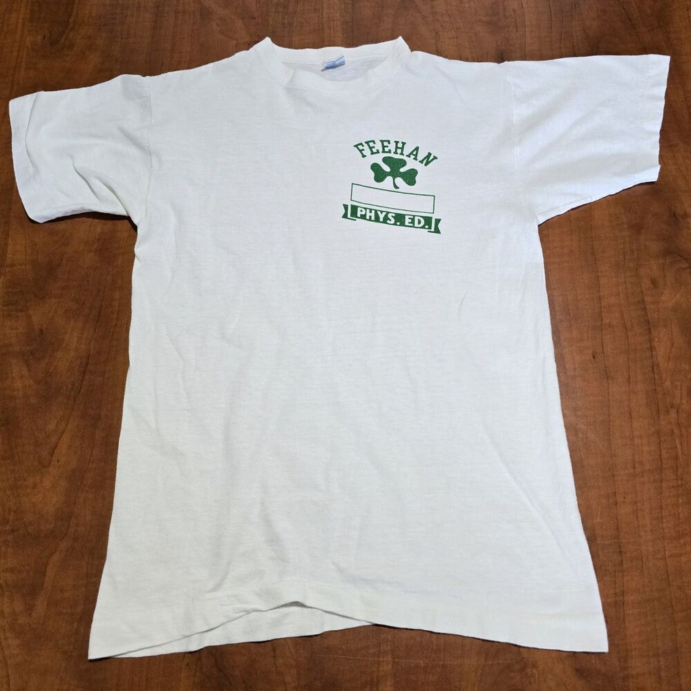 Champion Vintage 70s 80s Bishop Feehan High School Phys Ed Shamrock Gym Tee M